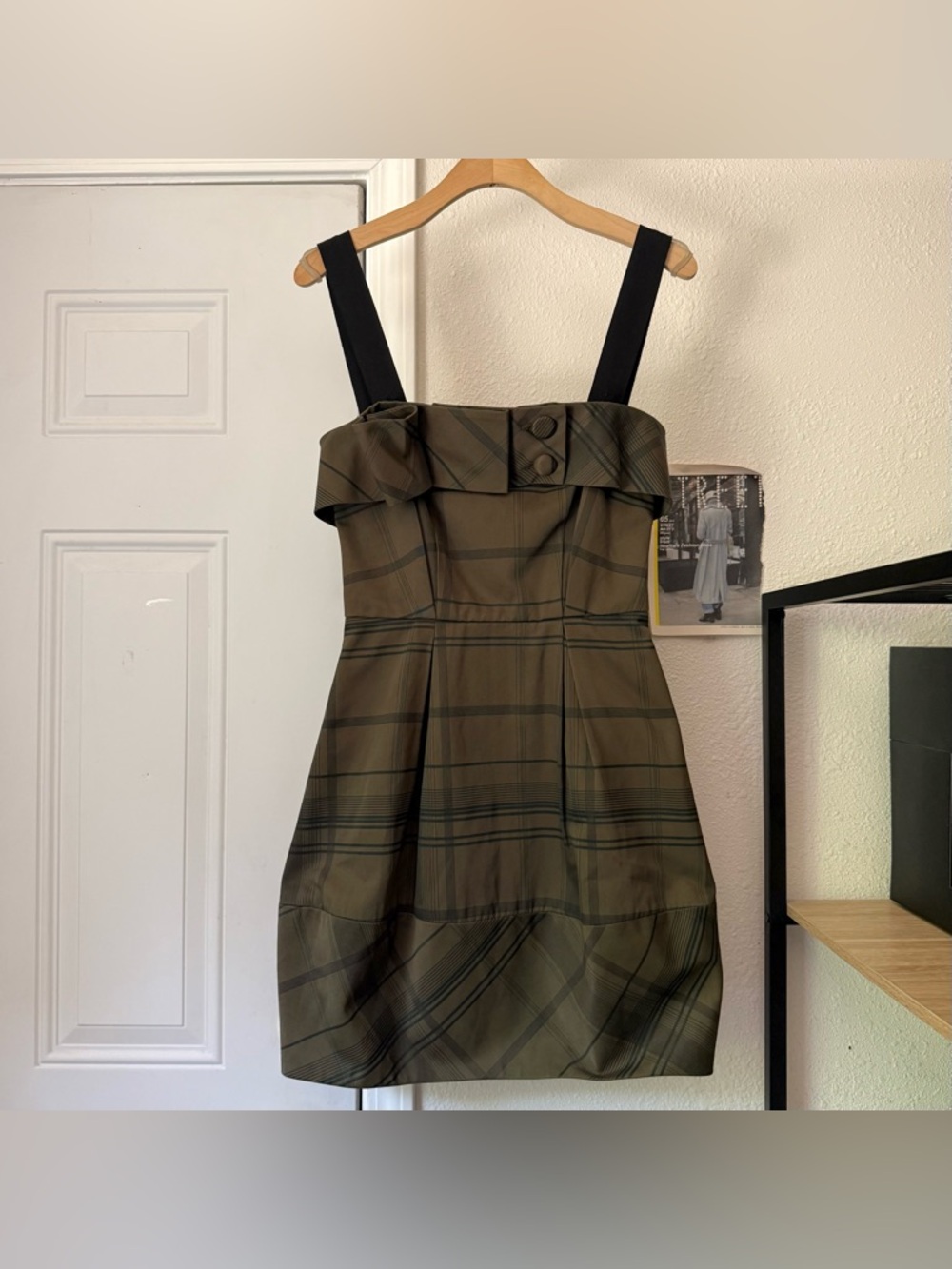 CUE Australia olive black plaid nylon cotton sleeveless bubble hem‎ mini dress